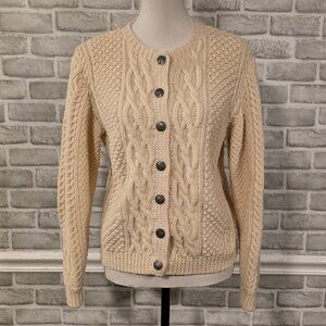 Vintage Handmade Cable Knit Cardigan Sweater Fisherman Core Pewter Buttons